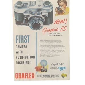 Vintage 1955 Graflex Graphic 35 Push Button Focus Ad Advertisement